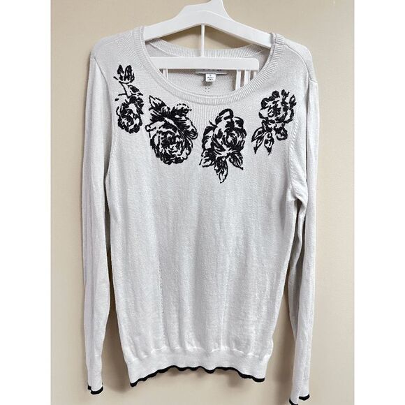 Elle Womens Pullover Crew Neck Beaded Front Stretchy Sweater Beige Sz L - Picture 1 of 6